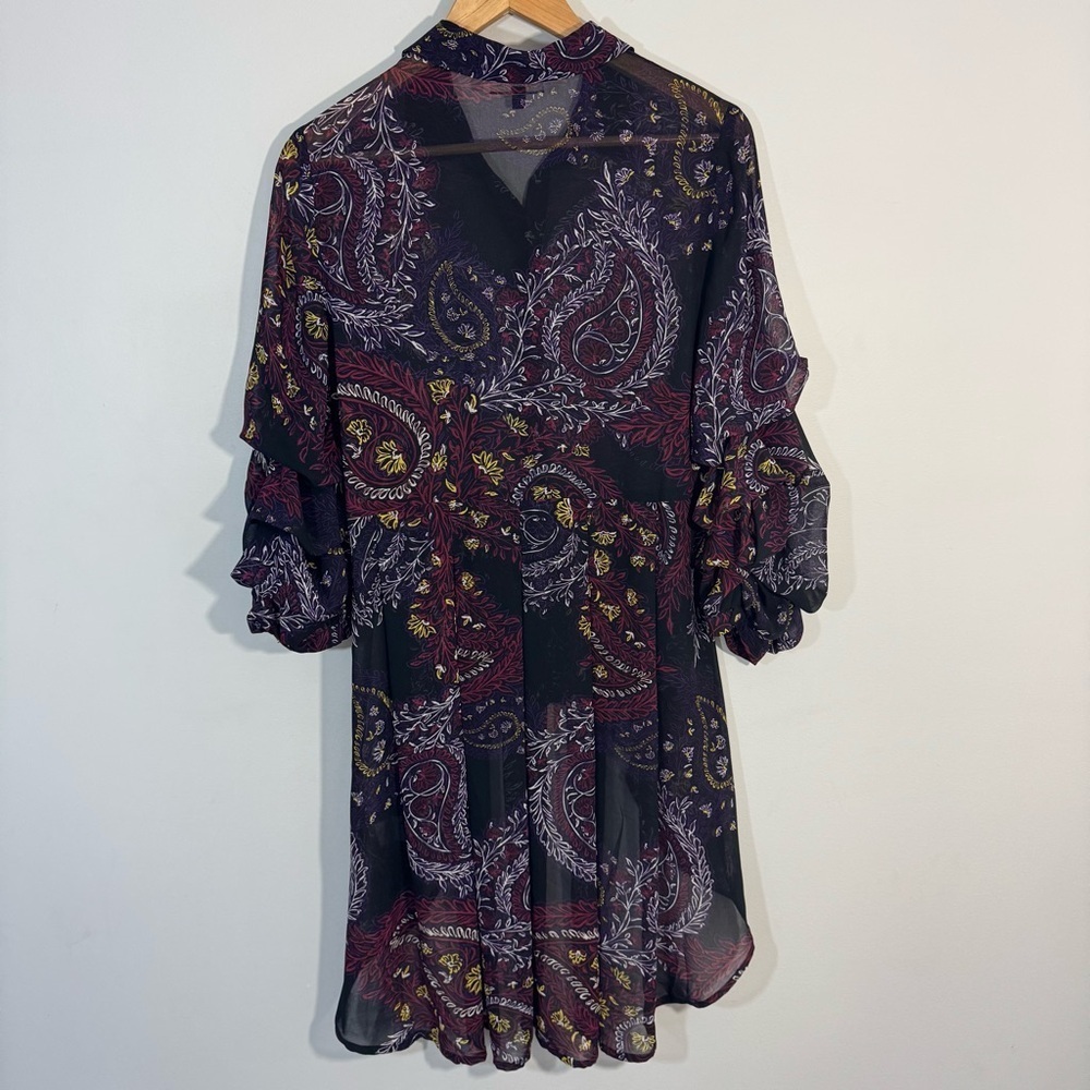 Melanie Lyne Puff Sleeve Blouse 4 Dark Paisley Floral Longline Button Up Shirt - Picture 6 of 11